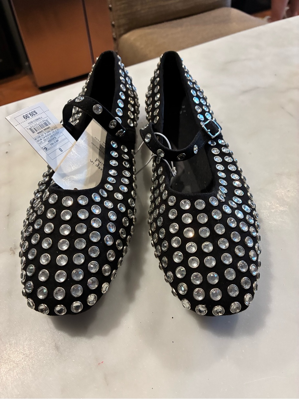 Women's Black Mary Jane Flats Rhinestone Buckle Strap Memory Foam size 6 1/2